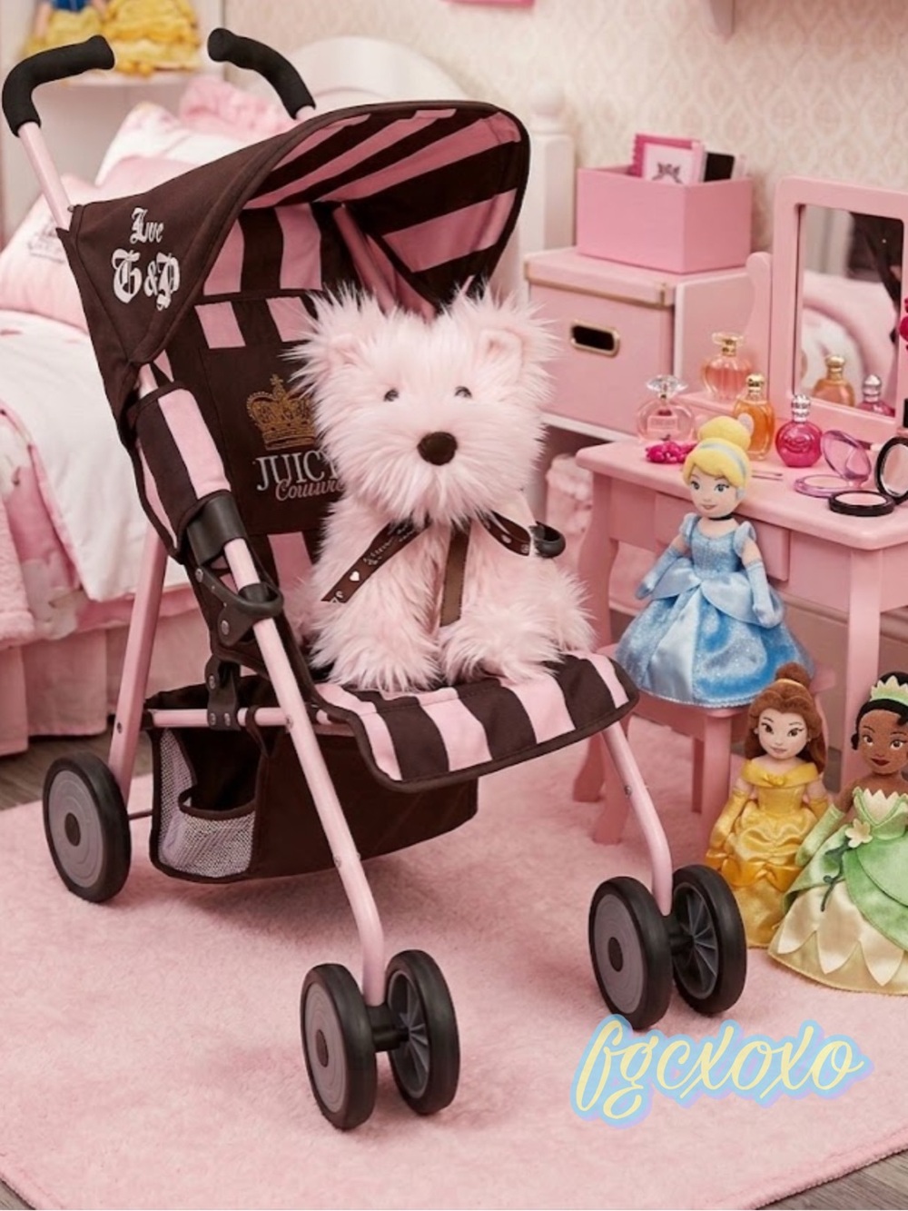 Juicy Couture Pink & Brown Striped Doll Stroller Vintage